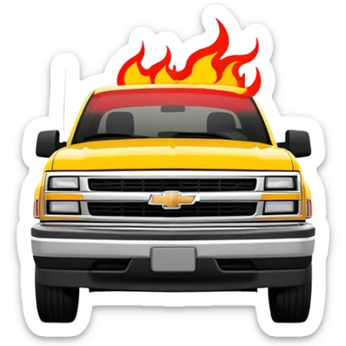Minimalist yellow 1997 Chevrolet C-2500 Crew Cab Silverado with red flame decals across the hood front, 30-degree view, exact Kill Bill movie design, iOS emoji style sticker