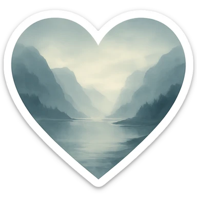 heart with a misty fjord landscape, clean digital illustration, no background sticker