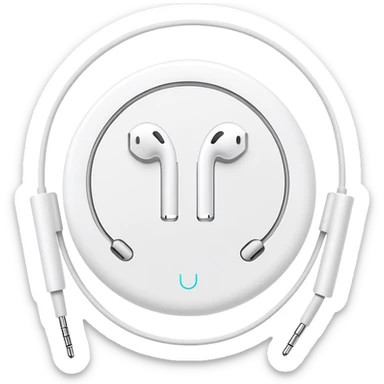 Ultra minimalist white Apple EarPods with cord coiled in a perfect circle, extremely simplified design with minimal details, basic clean outlines, just the essential shape of white headphones and wire in a circle, iOS style sticker