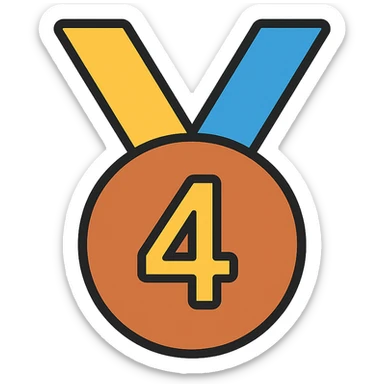Add gold, bronze, and blue colors to the circular medal for 4th place, keep the number 4 visible, icon style, no background. sticker