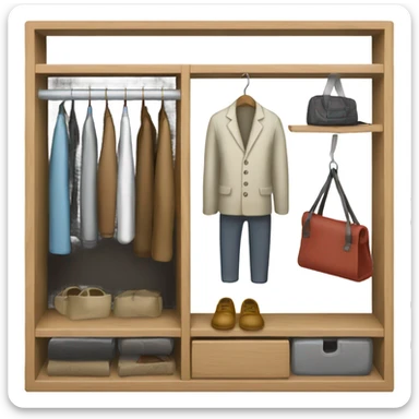 Design an emoji-style icon of an open wardrobe with clothes hanging inside. Include details like a wooden frame, hangers, and only black or white different clothing items such as shirts or any other clothing . Use a clean and minimalistic design. sticker