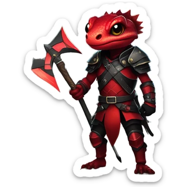 A cute anime styled lizard warrior in red and black armor, holding a battleaxe, in a night time forest path with fireflies sticker