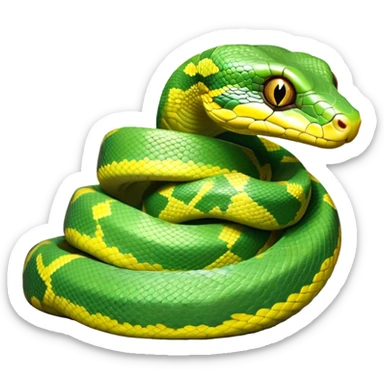 cinematic-green tree python-realistic-full-body-coiled-emoji,-thick-scaled-body-looped-tightly,-intricate-yellow and white-patterned-scales-reflecting-light,-head-tilted-dramatically,-cute-eyes-staring-calmly,-simplified-yet-realistic-focused-feature sticker