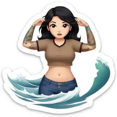 A girl with fair skin and a little fat - long black hair with big waves - tattoos on the upper arm - no tattoos on the lower arm - wearing a brown navel-revealing short-sleeved shirt - full body photo - tattoos only on the upper arm sticker