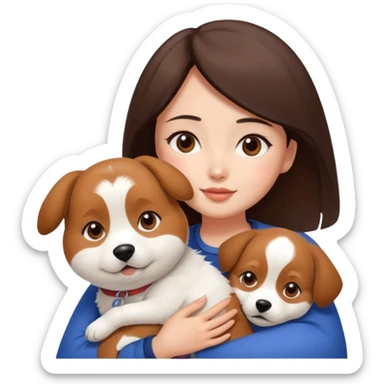 a beautiful woman with medium length dark brown hair and brown eyes, a bit chubby, hugs a beagle and japanese spitz dog  sticker