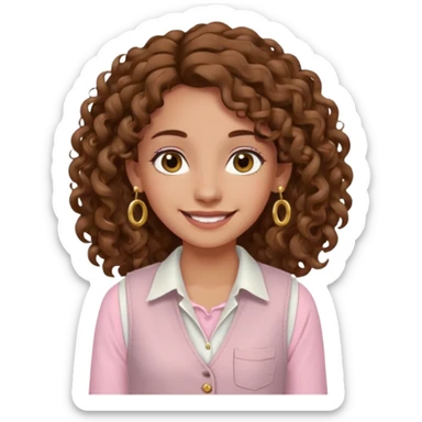 chica un poco morena (no demasiado), pelo rizado largo, sonriendo, con ojos grandes y marrones con camisa rosa palo y un chaleco blanco y aretes dorados en forma de circulo en sus orejas  sticker