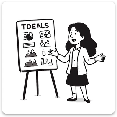 Make her hair longer, keep black wavy hair, no glasses, teaching and talking. Maintain the original style and look of the image. sticker