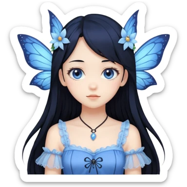 Gothic anime fairy with long beautiful black hair and blue dress, pastelcore, sticker