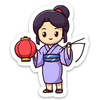 Cute Japanese high school girl in yukata at school summer festival with paper lanterns sticker