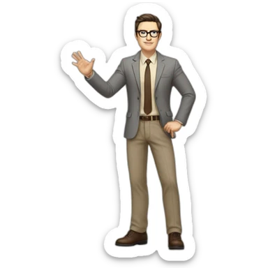 Full height Actively gesturing with hands Pale skinned fit man with dark brown hair in gray jacket, beige office shirt, brown tie, brown pants and vintage glasses. sticker