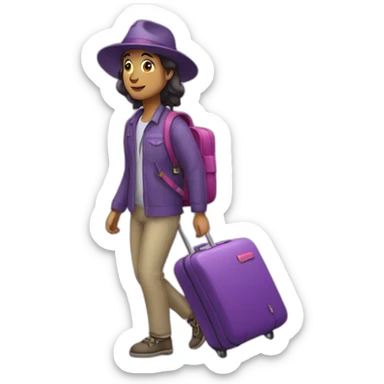 a traveller walking with purple luggage sticker