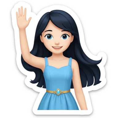 Cewe Romantis Kulit putih glowing, rambut hitam panjang. Pakai empire dress biru pastel terang senyum lembut sambil lihat ke samping. tangannya nyapa sticker