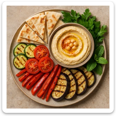 realistic Mediterranean platter with hummus, pita, grilled vegetables, and fresh herbs, top-down view sticker