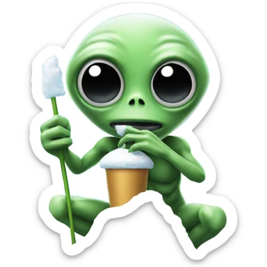 alien holding a small straw next to a mound of snow sticker