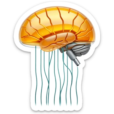 An amber translucent capsule floating in front of an ethereal brain. Thin electric filaments connect from the capsule to the brain synapses like bridges of light. sticker