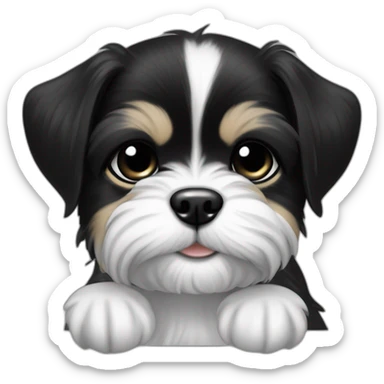 Happy black and white Shitz tzu puppy who’s eyes are covered  wearing a black hoodie sticker