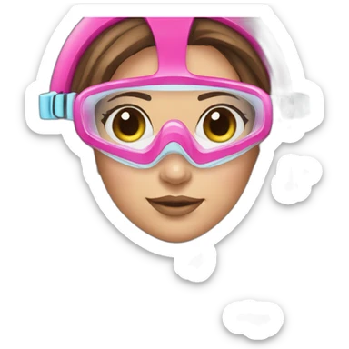 woman large and straight brown hair, pink diving mask with a single crystal-blue eyes. underwatersnorkel sticker