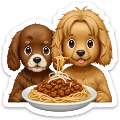 American Cocker Spaniel and Mongrel Eat Spaghetti Between Them, iphone emoji style, reference image: https://attic.sh/7pfc4fbn6y0ij1bao69rntq1w5mv sticker