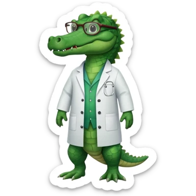 full body of alligator wearing lab coat and glasses, front view sticker