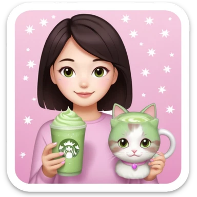 asian girl with short dark brown hair with a soft girl pink glowup aesthetic. matcha latte sparkles girly things, 2 ragdoll cats, skincare, makeup, money, luxury sticker