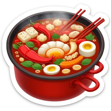 Chinese hot pot, bubbling red spicy broth with variety of ingredients, emoji style sticker