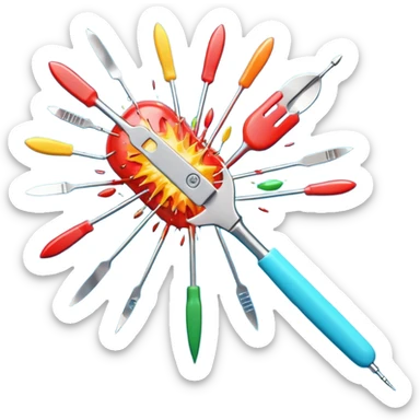 A hyper-realistic surgical scalpel exploding into a vibrant burst of medical and emotional emoji (🩺💉🧬🫀🤕😵✨). Dynamic composition, emoji art style, 3D render, Pop Art. Shallow depth of field, studio lighting, clean pastel background. --ar 16:9 sticker