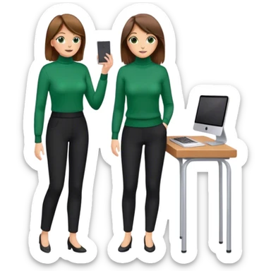 A thin white woman with brown Burnette hair and hazel beautiful eyes in a green turtleneck sweater and black pants looks like a business woman while studying with her 10 years old daughter  sticker