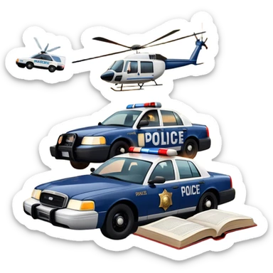 Icon for Action & Crime Reading: an open book with text on the pages, from which a police car is driving out, with explosions behind, a helicopter flying above, and a pistol with bullets in the front. The icon should capture the thrilling action and suspense of crime stories. Transparent background. sticker