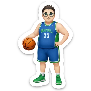 Full Body overweight white male with dark short spike hair basketball player wearing glasses wearing blue green uniform smiling sticker