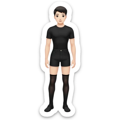 Male in his 20s, clean shaven, feminine look, wearing black thigh highs, black crops, black feminine shorts, is a femboy.   sticker