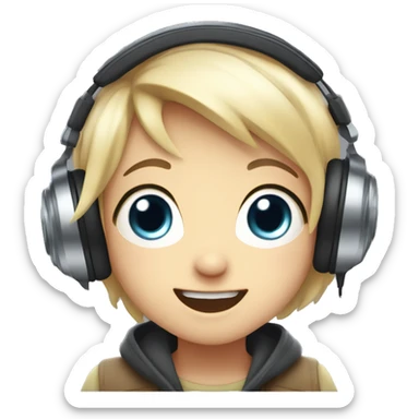 A cute anime-style character with large sparkling eyes, wearing headphones. The character has a wide, open-mouth grin, showing intense excitement as they listen to an audiobook. sticker