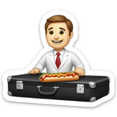 A professor with white suit and red tie and a panda face eating a hotdog and holding a black suitcase sticker