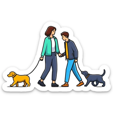 woman walking a man on leash who is on all fours sticker