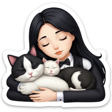 One beautiful long Black hair girl sleeping next to a tuxedo cat sticker