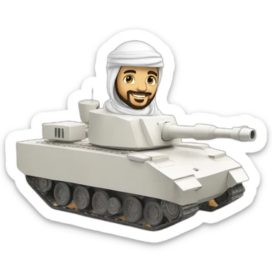 prince from Saudi Arabia with a beard in a white  shemagh national headdress riding  on a tank, smiling sticker