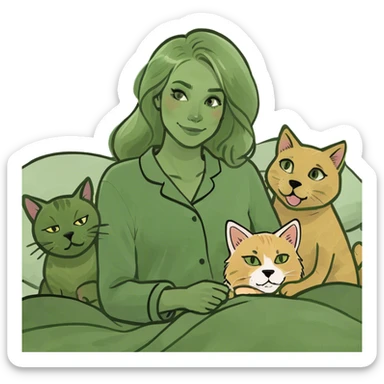 Blonde woman in bed with two cats and a golden retriever sticker