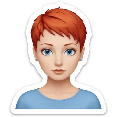 27 year old white woman, red hair, pixie cut, blue eyes sticker
