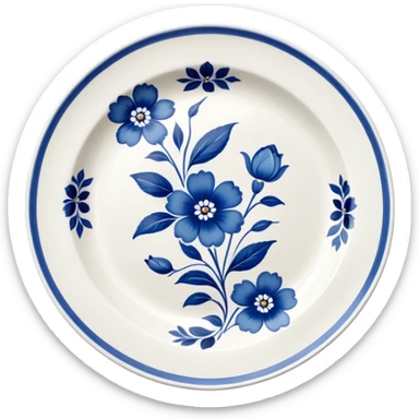 white vintage porcelain plate with blue floral decor sticker