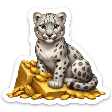 photorealistic snow leopard symbol of Kazakhstan sitting on pile of gold sticker