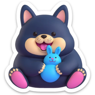 smiling overweight black shiba inu, gripping fluffy blue bunny toy in mouth, cheesy aroma vibe sticker