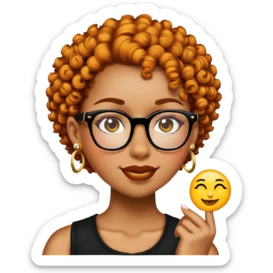 Add a gold nose piercing, gold septum piercing, and gold earrings to the light skin black woman with short ginger curly hair and glasses, winking, in emoji style. sticker
