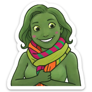 Women with arms crossed over chest holding neck while smiling  sticker
