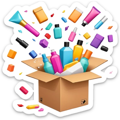 exploding cardboard box with beauty products flying out in a chaotic, disorganized way sticker