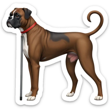 Elderly adult dark black boxer dog standing on hind 2 legs hunched over using one cane sticker
