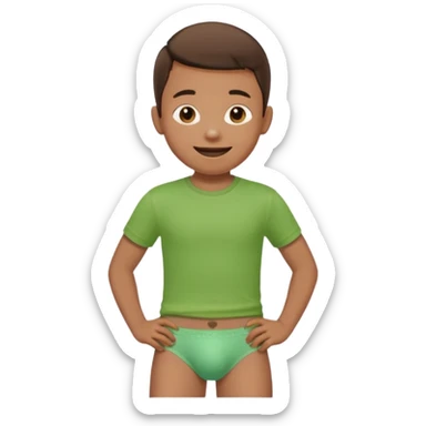 A kid wearing a poopy underwear with a green t-shirt sticker