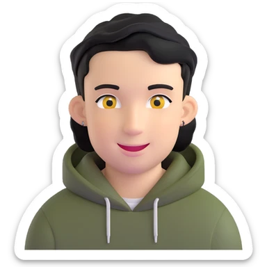 man with smiley face, black hair military cut, brown eyes, wearing 2 circle earrings and a black hoodie sticker