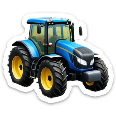 An icon representing a farming simulator, with a detailed tractor plowing fields under a bright sky with rural landscape. The design includes farming tools, crops and barns, symbolizing the immersive experience of managing a farm. Transparent background. sticker