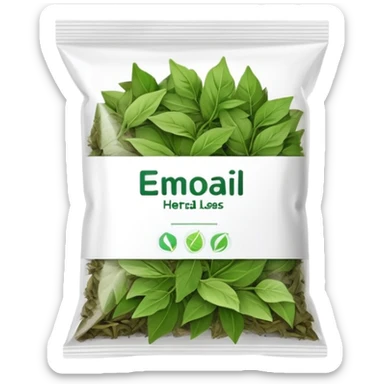 small plastic pack with green dried herbal leaves which are clumped together  sticker