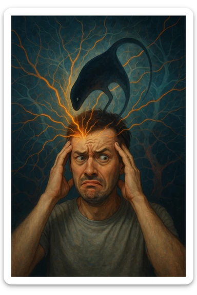 Uomo con espressione confusa e sbalzi emotivi visibili sul volto, in un ambiente surreale. Un'ombra astratta o un parassita trasparente (Toxoplasma gondii) si insinua nel cervello, con linee energetiche che influenzano le emozioni. Sfondo neurologico, atmosfera tesa, simbolismo mentale e parassitario. sticker