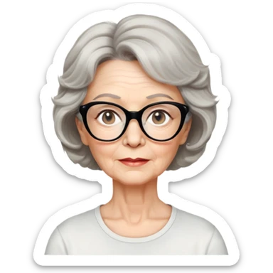 white older woman, about 65 years old, light warm skin, wide face, black wavy neck-length 80s short hair, low volume, neutral expression, large black shiny butterfly or cat-eye glasses, white casual t-shirt sticker